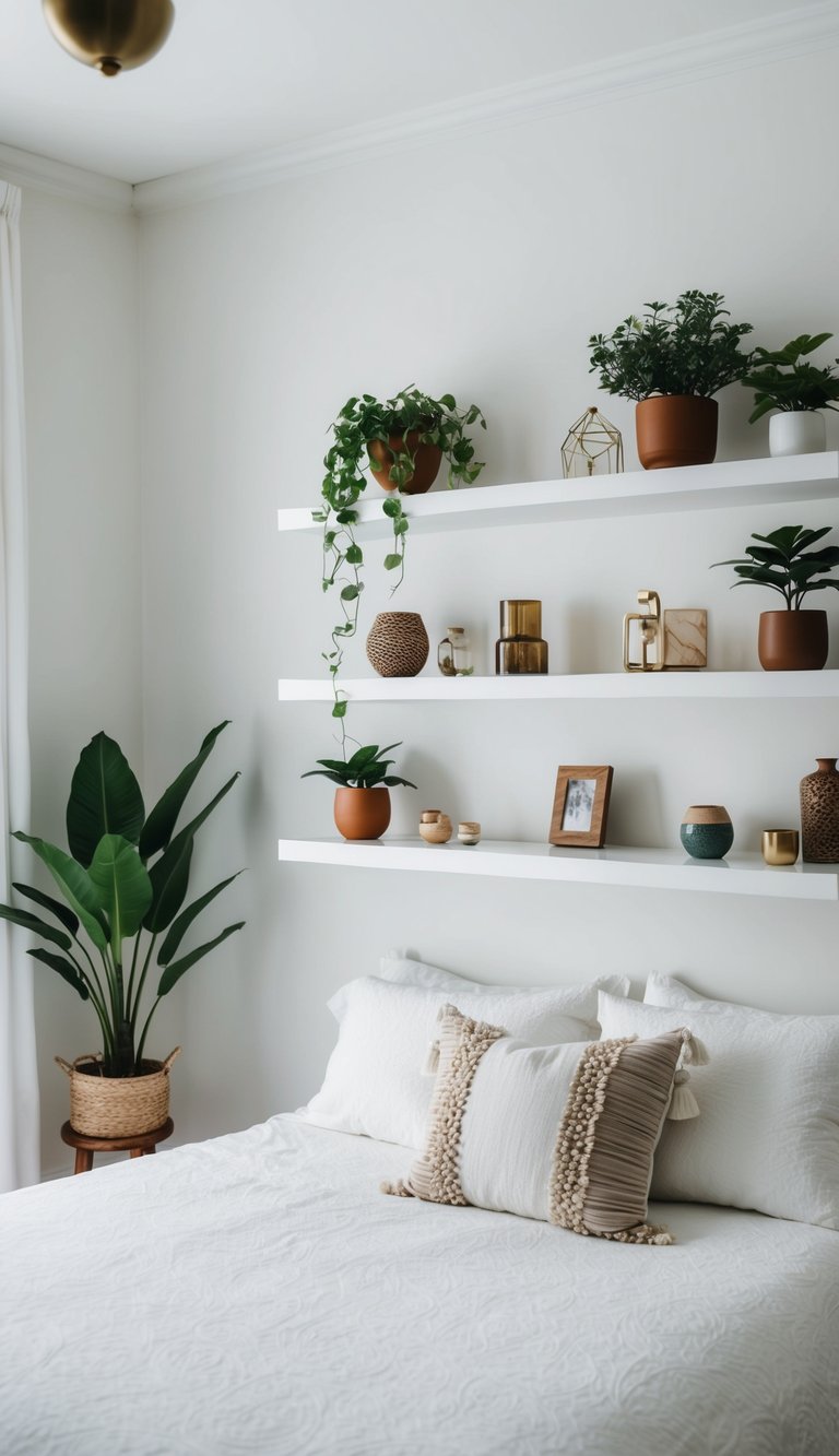 A serene white bedroom with floating shelves displaying various decorative items and plants