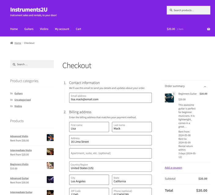 Checkout showing rental product and rental information