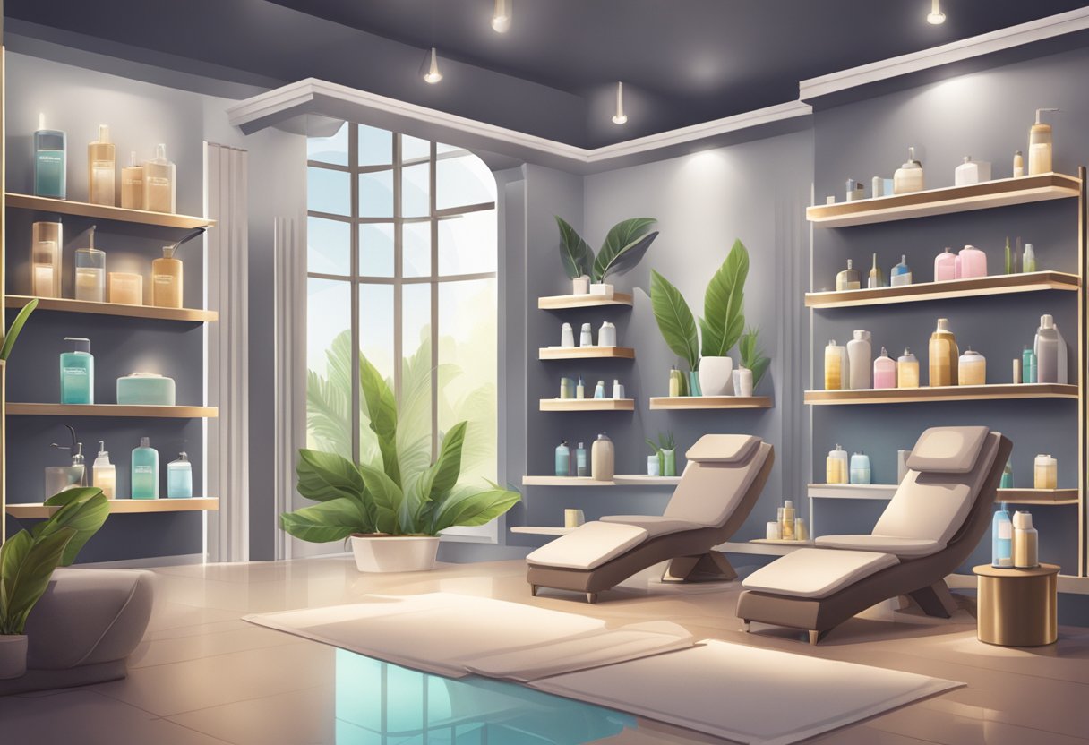 A serene spa room with a reclining chair, soft lighting, and shelves of lash tinting products