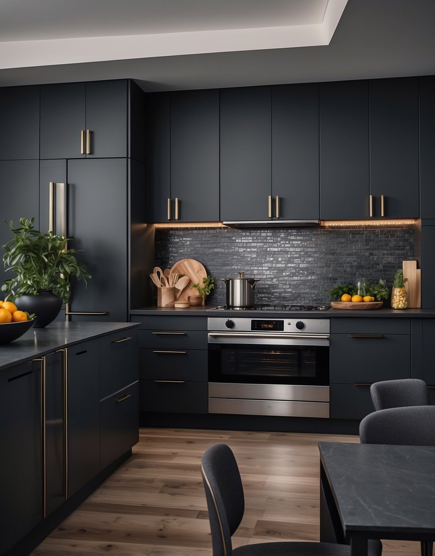 A sleek, modern kitchen with dark gray cabinets and a bold, intense ink color