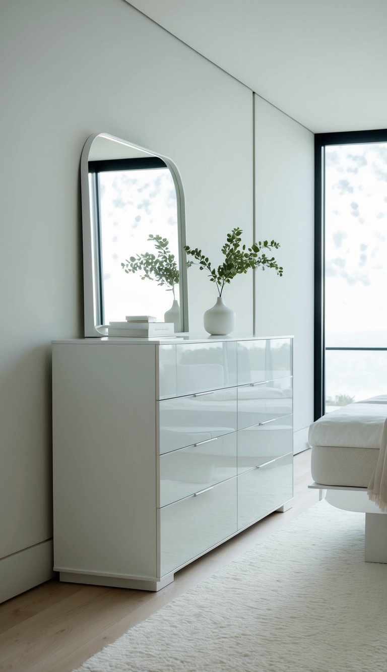 A sleek white dresser sits in a serene, minimalist bedroom with clean lines and soft lighting