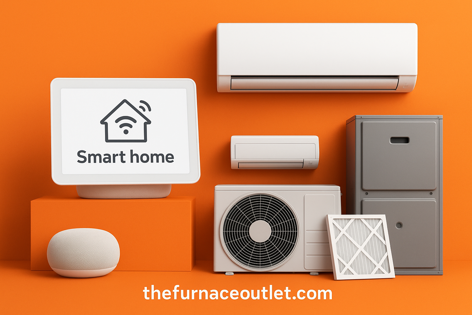 A digital photograph displays smart home technology, including a smart speaker and display labeled “Smart home,” alongside HVAC equipment like a furnace, mini-split units, and an air filter, set against an orange background with The Furnace Outlet branding