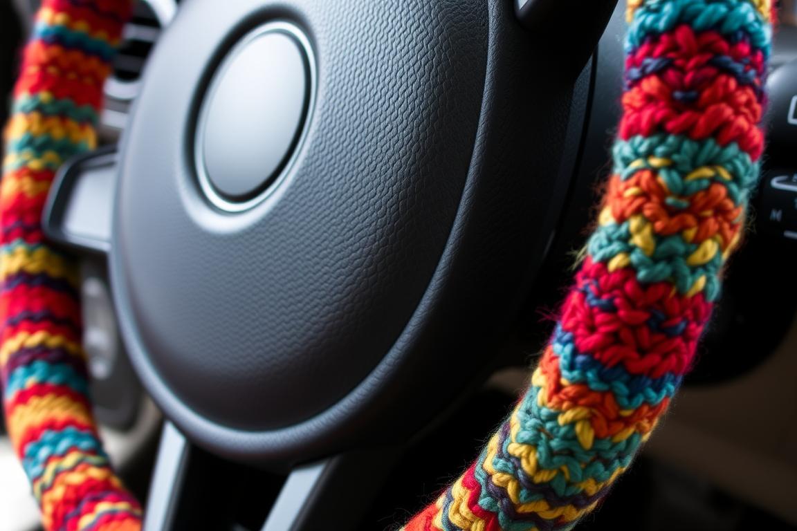 Knitted fabric steering wheel cover with decorative pattern