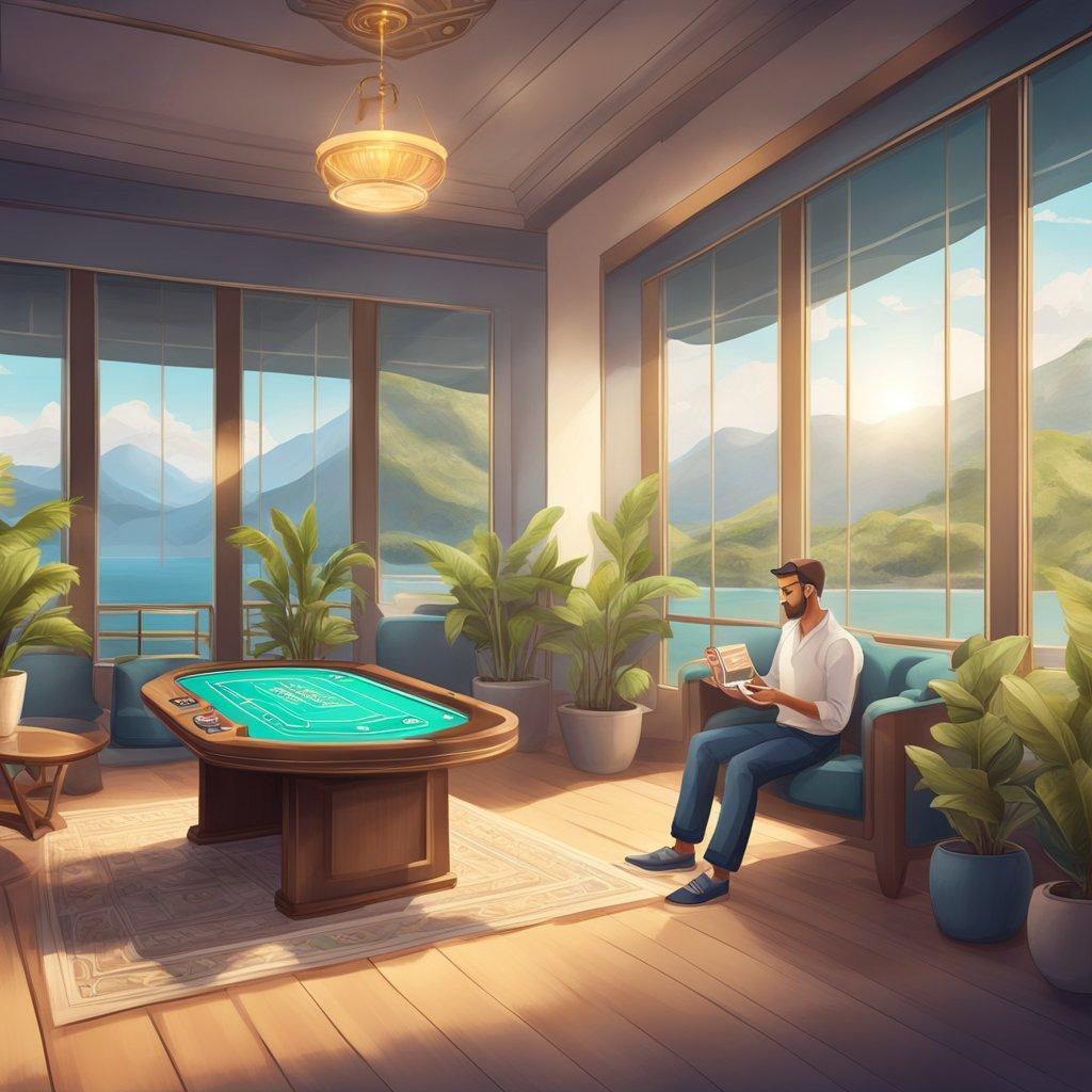 A serene setting with a person enjoying online casino games in a responsible manner, with a sense of control and mindfulness