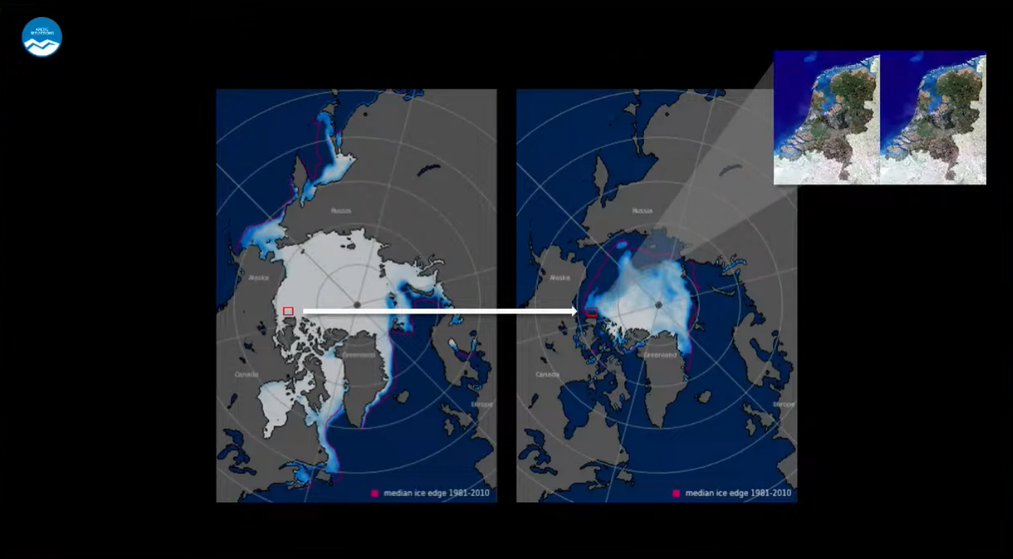 The red Area is 100,000 square km of ice compared to both the winter sea ice surface (left) and summer ice surface (Right).