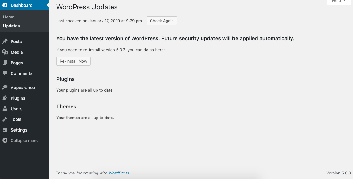 WordPress update screen