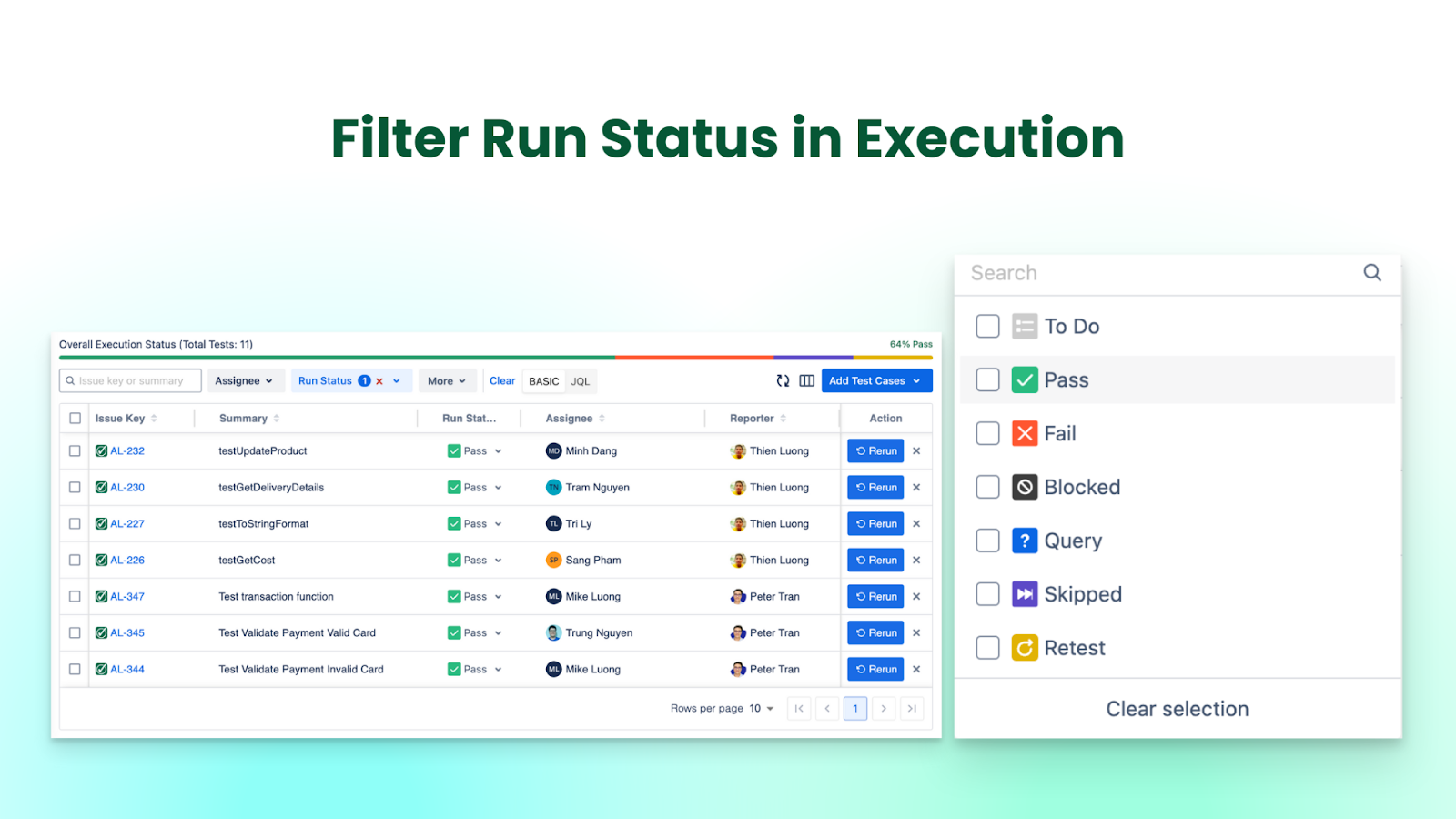 Filter Test Run Status in Test Executions with AgileTest - Enterprise Test Management for Jira