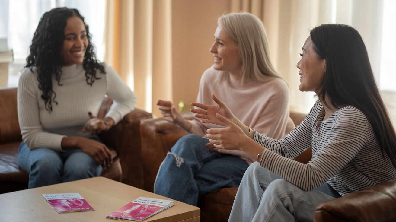 Create a realistic image of a diverse group of three women (one Black, one white, one Asian) in a casual setting having a positive discussion, with educational pamphlets about female condoms visible on a coffee table, highlighting empowerment and health benefits beyond contraception, with soft natural lighting creating a warm, informative atmosphere.