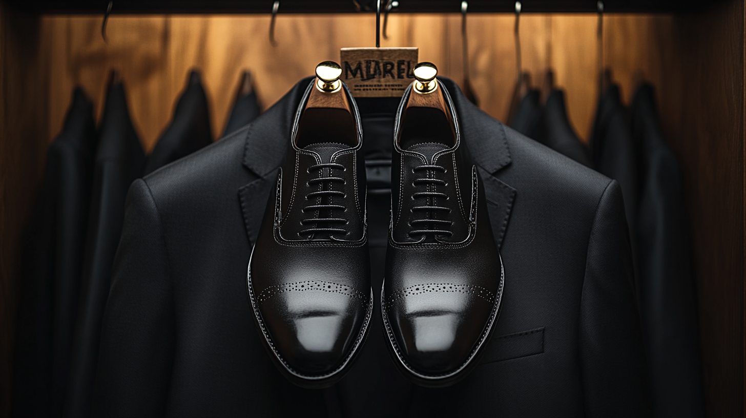 A pair of sleek black dress shoes positioned neatly beneath a black suit jacket on a hanger. The polished leather reflects soft lighting, emphasizing a formal and timeless look. Ultra-detailed, 8K resolution.