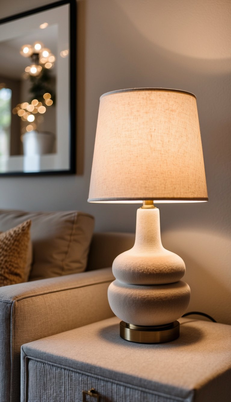 A beige velvet bedside lamp illuminates a cozy living room with neutral tones and warm textures