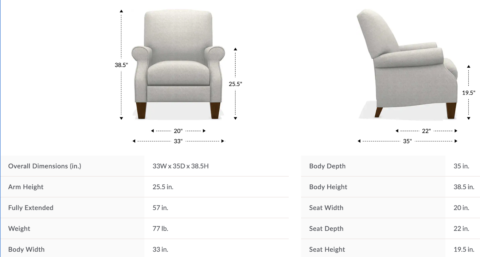 charlotte high leg reclining chair size and dimensions