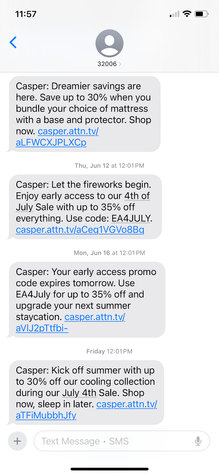 Casper's SMS branding example.