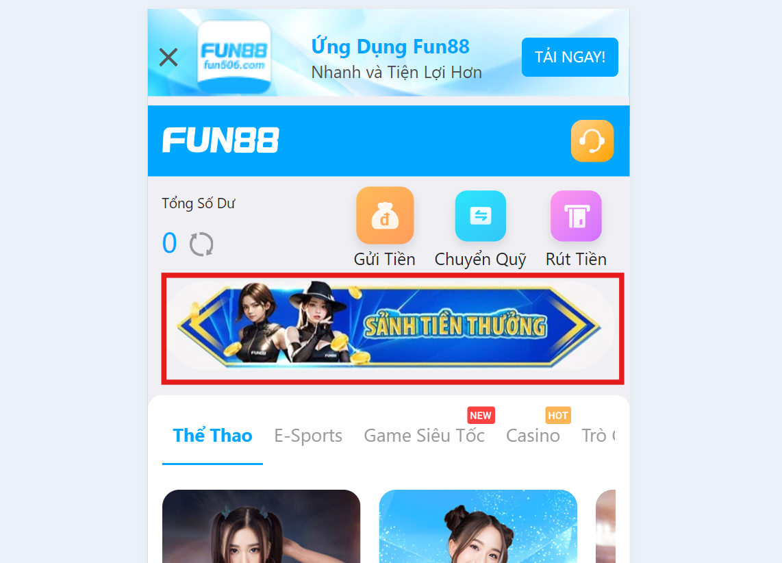 Sảnh tiền thưởng mới tại Fun88 phiên bản mobile