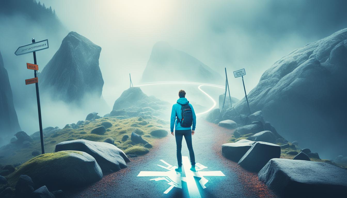 A person standing at a crossroads, with one path leading to a bright light and the other path covered in dense fog. The person is holding a map but looks confused and uncertain about which path to take. In the background, there are various obstacles blocking both paths, such as boulders, fallen trees, and steep cliffs. The person looks determined but anxious, as if they are aware of the challenges that lie ahead on either path.