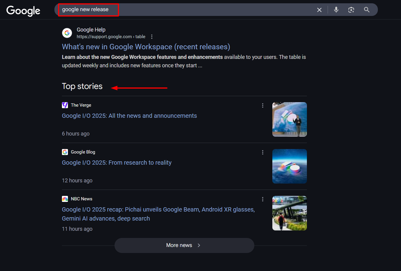 Top Stories appears for informational intent keywords that are trending