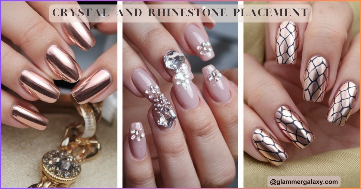 Three images showcasing nails with metallic polish and crystal rhinestone embellishments.