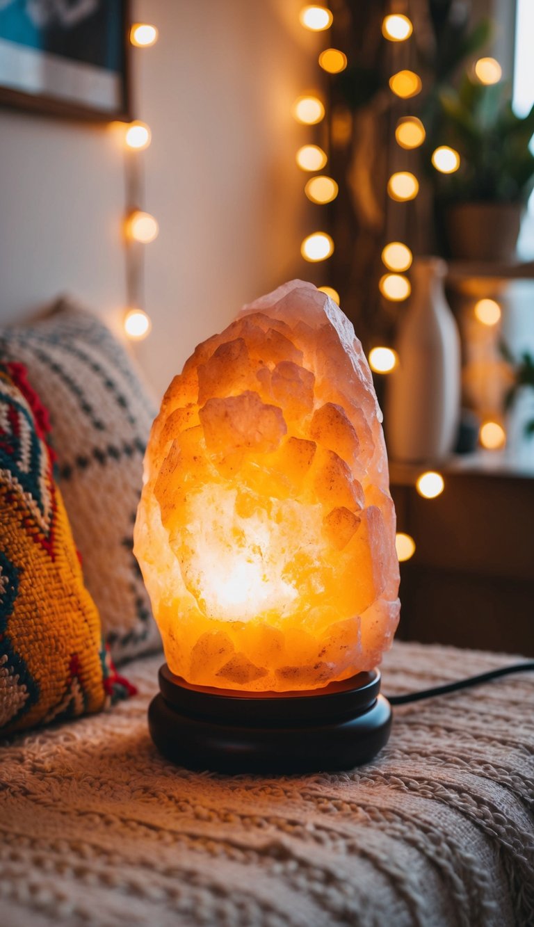 A Himalayan salt lamp illuminates an eclectic boho bedroom with warm, ambient light