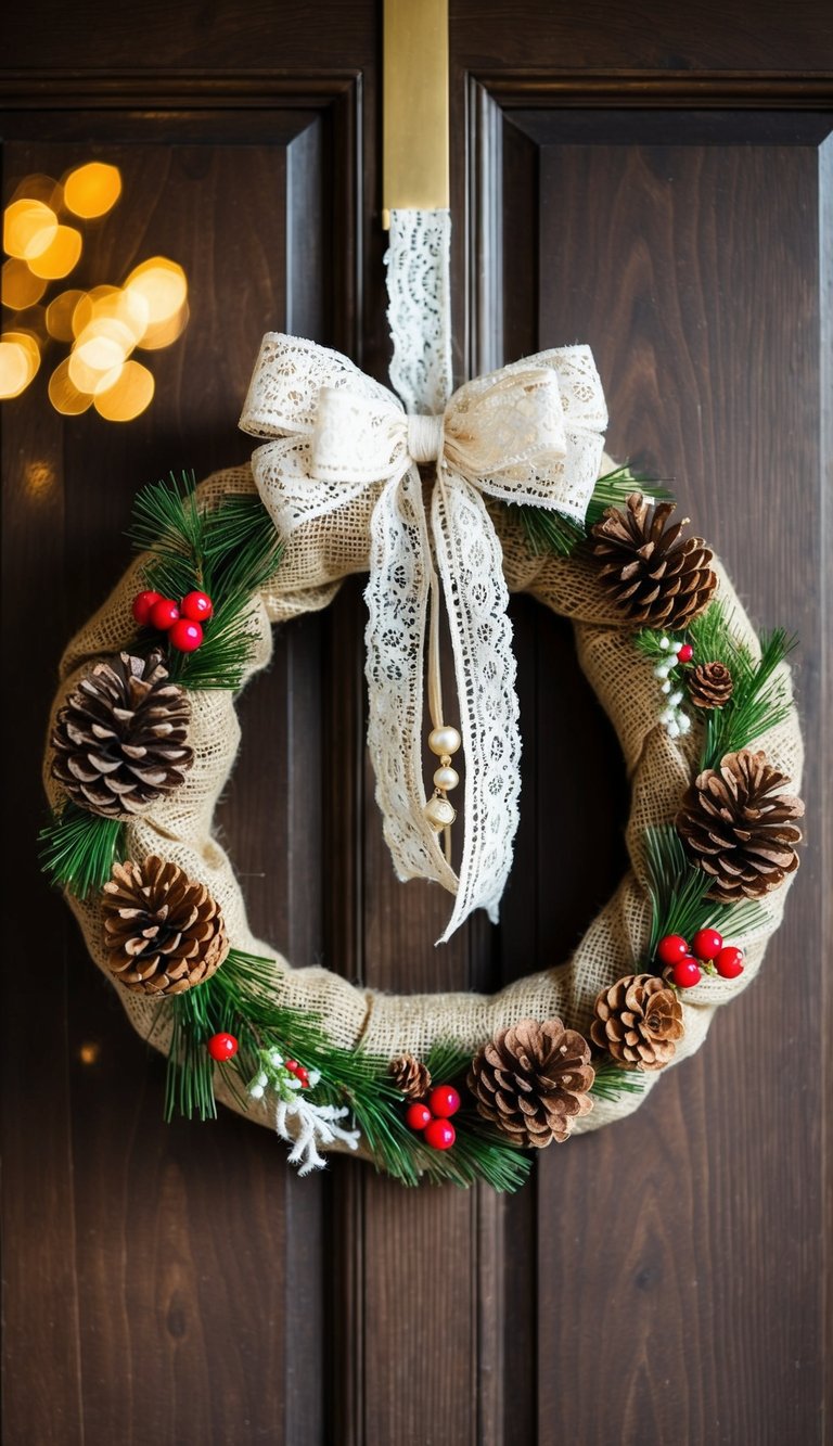 A rustic burlap and lace wreath adorned with pinecones, berries, and a festive bow hanging on a wooden door