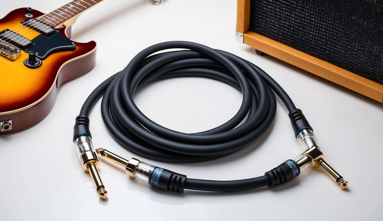 A coiled guitar cable connecting a guitar to an amplifier, with clear and durable connectors and a thick, insulated cable for high-quality sound transmission