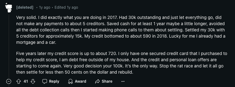 Reddit screenshot of individual talking about debt settlement.