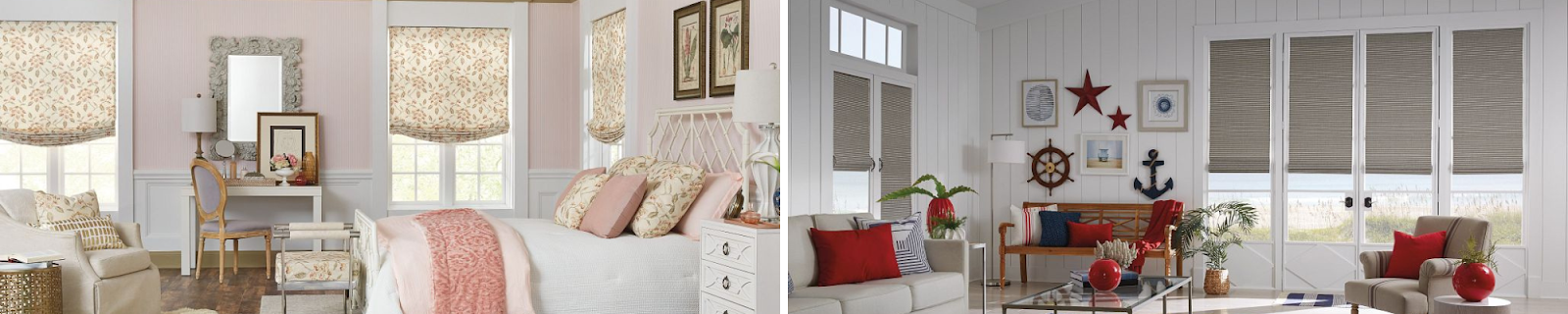 photo of a pink bedroom with floral roman shades on the left; photo of a nautical themed room with roller shades on the right