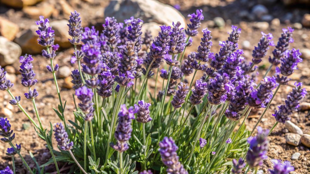 Lavanda com flores lilases em solo rochoso e ensolarado, atraindo polinizadores.