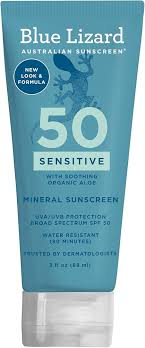 Blue Lizard Sensitive Mineral Sunscreen SPF 50+, offering strong UV protection for sensitive skin