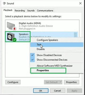 right-click on the Speaker button find Properties in the sub-menu