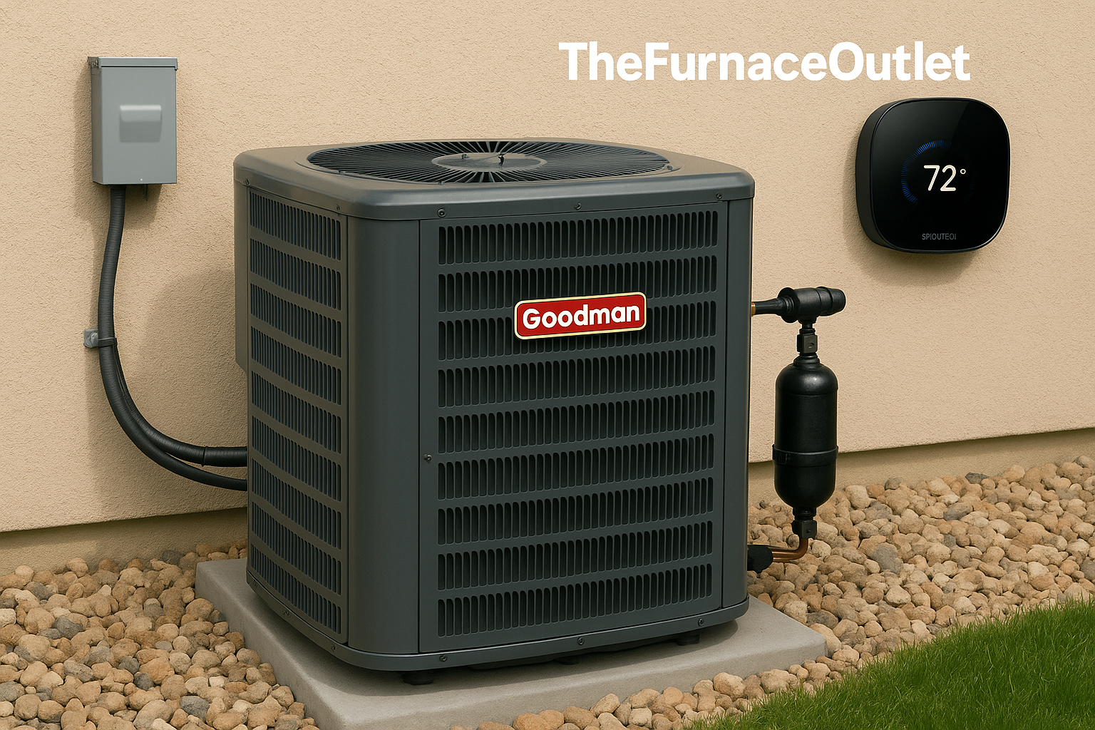 A Goodman 3-ton air conditioner unit installed outdoors with visible filter drier and smart thermostat, branded by The Furnace Outlet