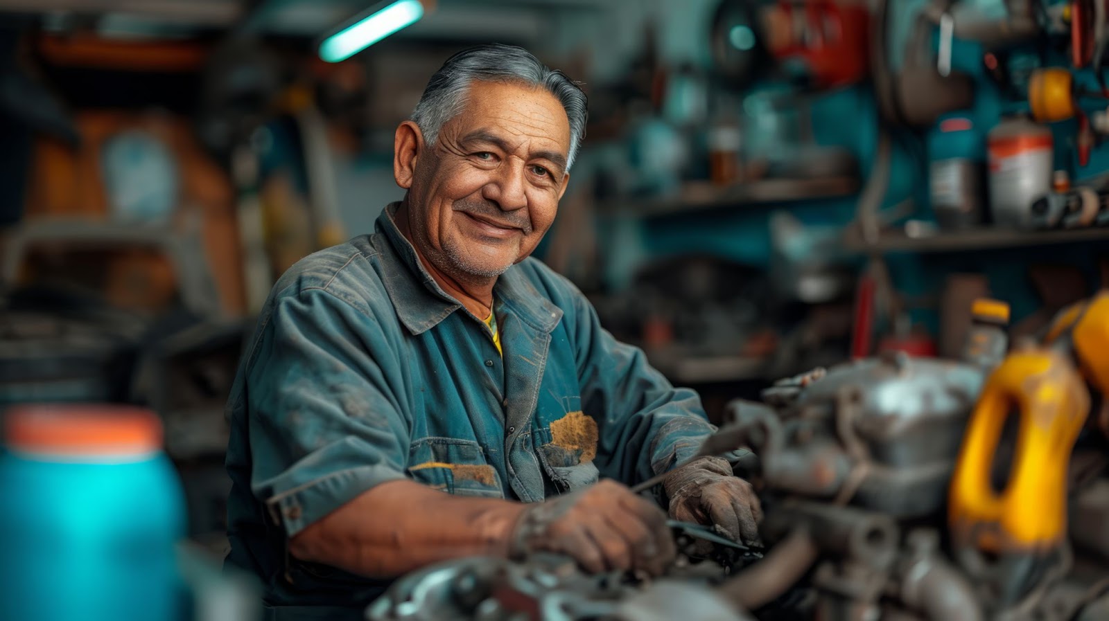 A male mechanic repairing a car smiling in uniform