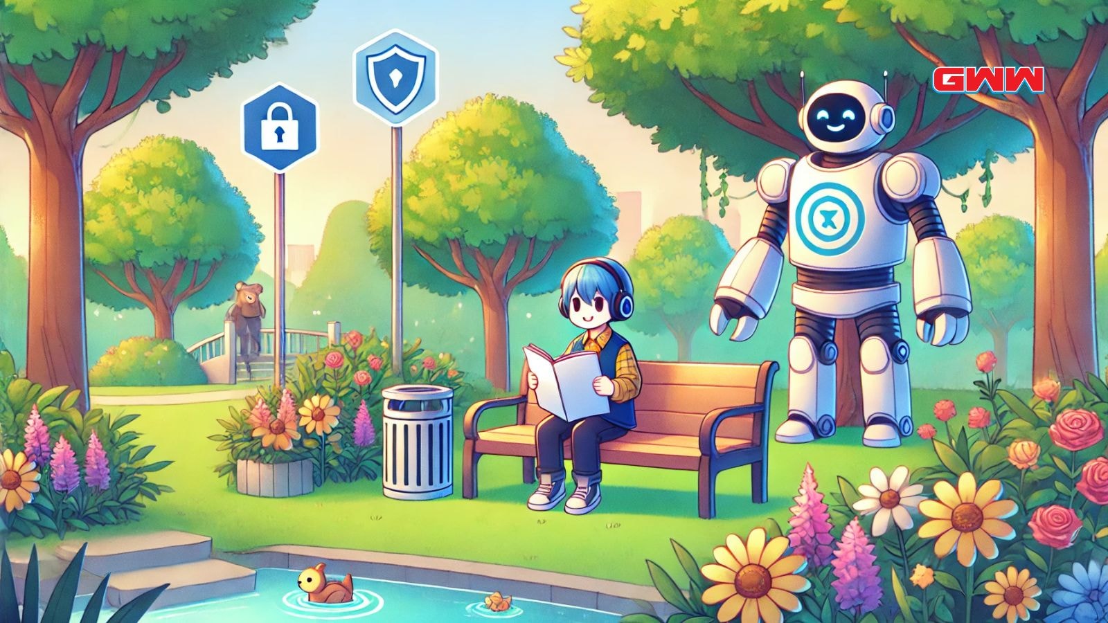 Cheerful anime boy and robot promoting safety in a serene park.