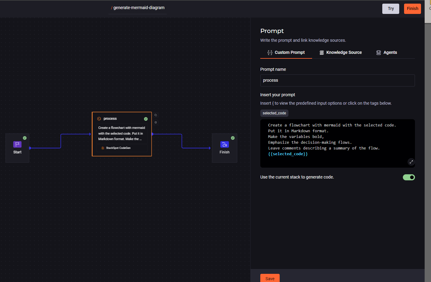 Image from the article on Mermaid Diagrams. The right-side menu for editing the prompt block contains the custom prompt option, selection of knowledge source, prompt name, and a text box for writing the prompt. 