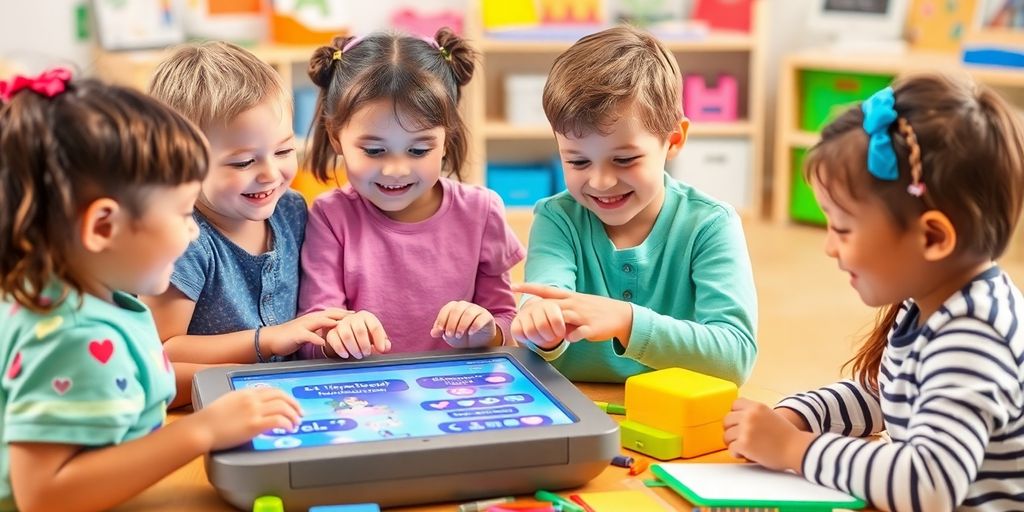 Children exploring learning tools in a colorful setting.