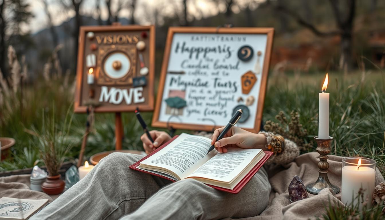 A person sitting outside in nature with a journal open in front of them, surrounded by symbols of manifestation such as a vision board, crystals, and candles. The person is writing down their goals and intentions for success in a focused and determined manner. The image should evoke a sense of calm and empowerment, with hints of magic and possibility.