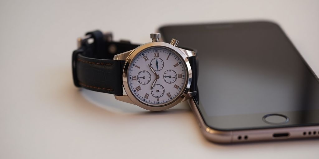 Traditional watch and smartphone side by side.