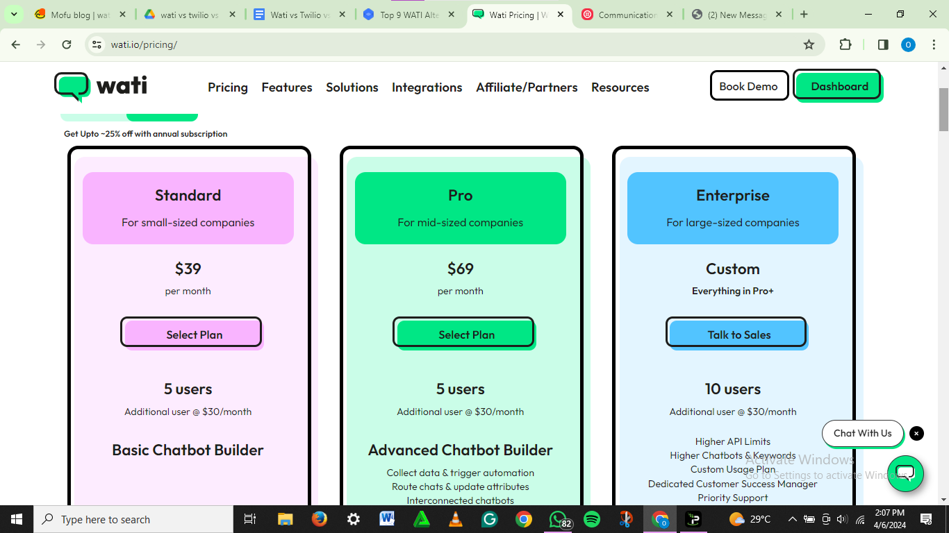 A breakdown of how WATI is priced.