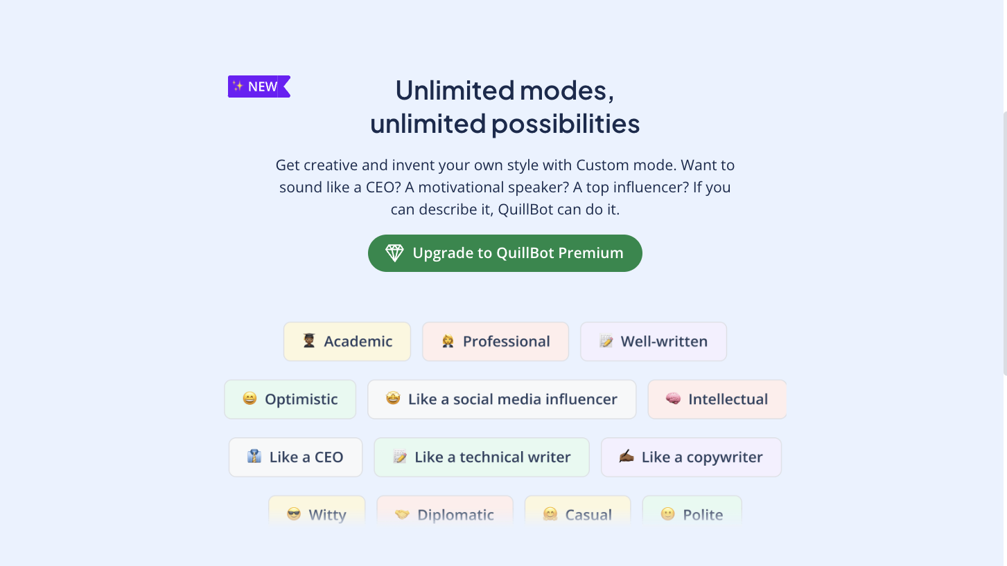 QuillBot Pro's custom mode creator interface for personalized writing styles