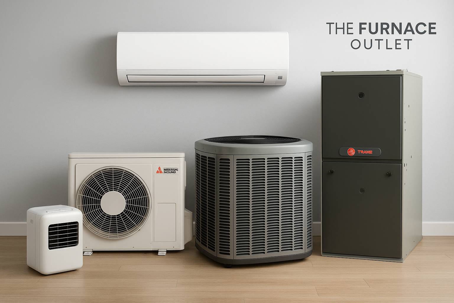 A digital photograph showcases four HVAC systems designed for apartments and condos: a portable air conditioner, a Mitsubishi mini-split, a central AC unit, and a Trane gas furnace, all arranged neatly against a clean indoor wall with The Furnace Outlet branding
