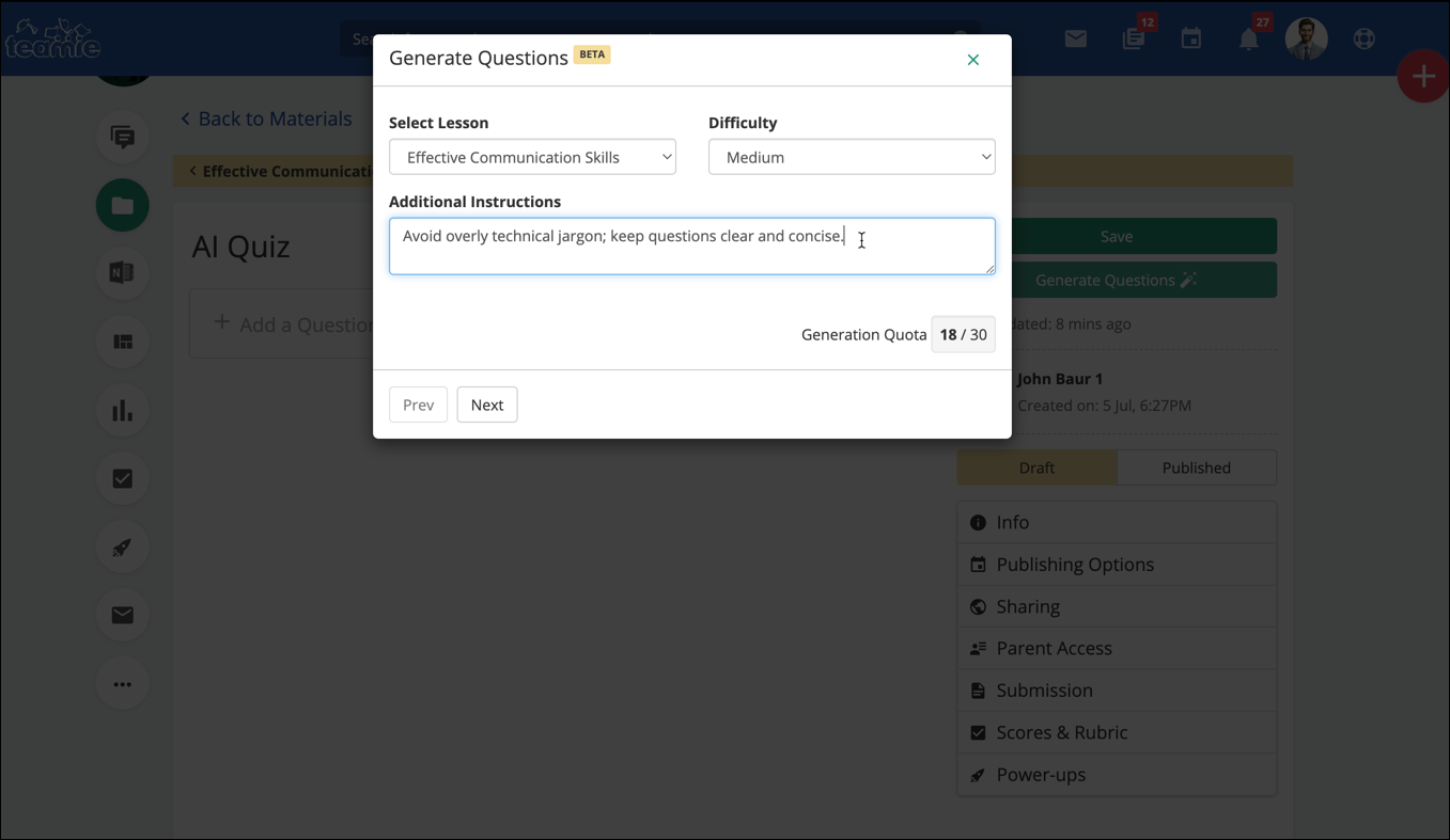 Contextual AI Quiz Generation Based on Lessons