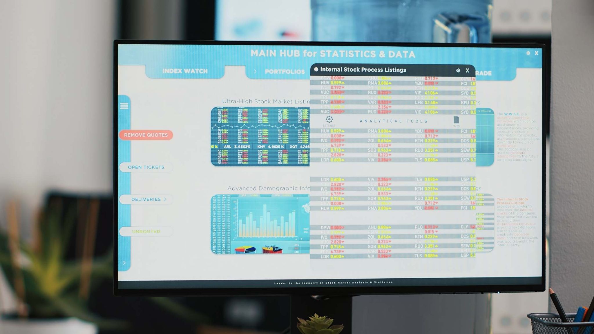 Advanced digital signage CMS interface used for centralized screen control and analytics in Qatar Close-up of a digital signage CMS interface in a Qatar-based control room displaying data analytics and internal stock process listings.