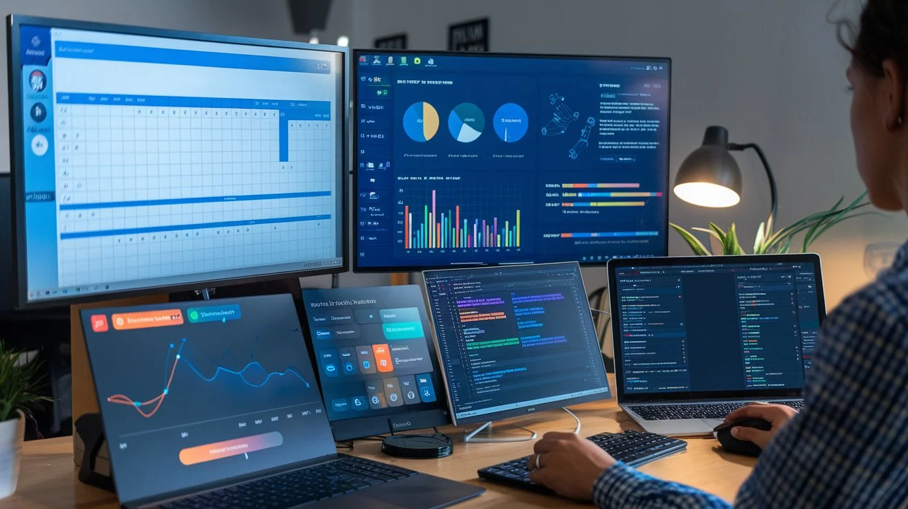 An image of AI tools and software being used by freelancers for tasks like project management, data analysis, and content creation.