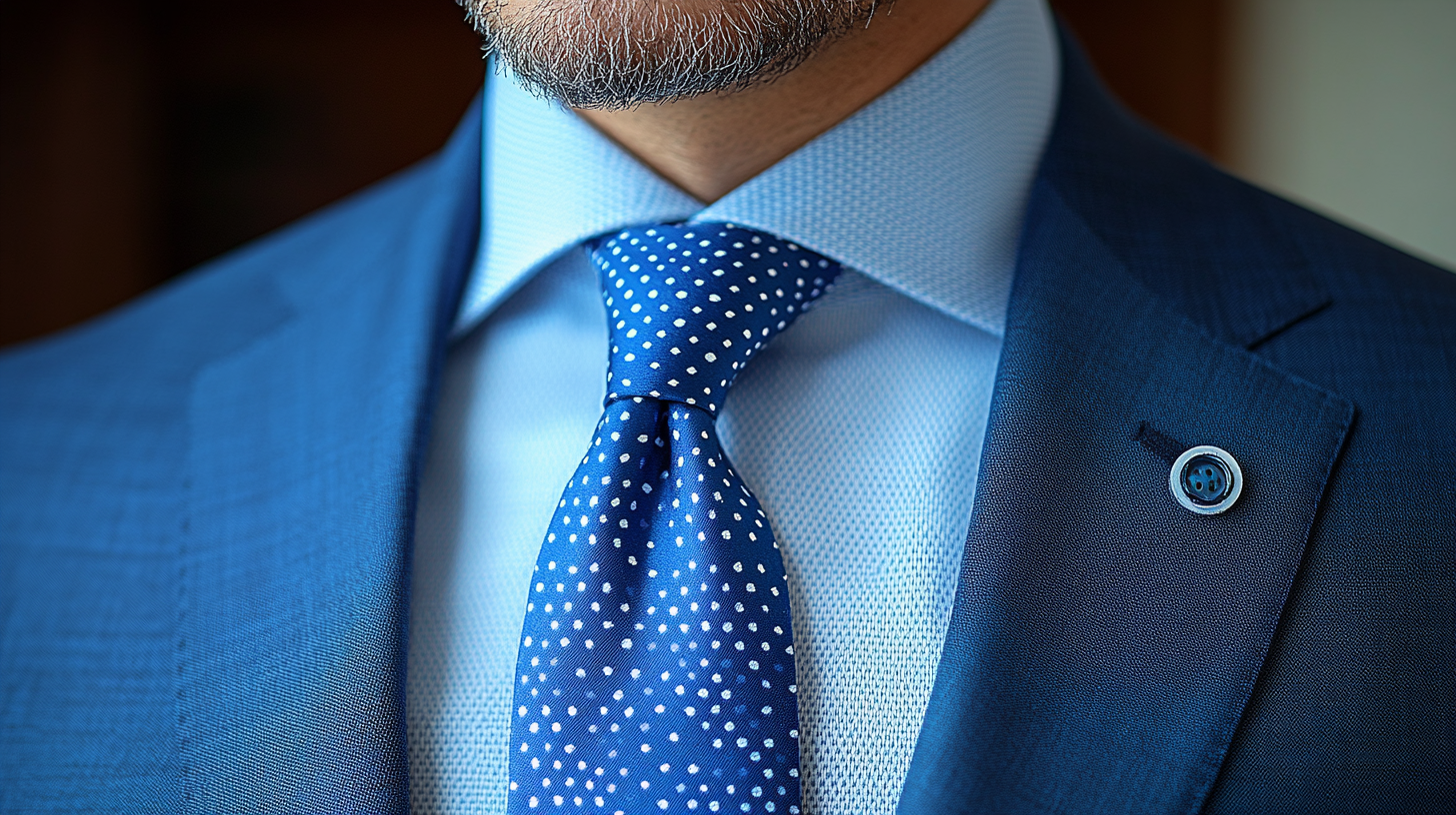 
A man wearing a blue suit with a blue pindot tie. The pindot tie adds a playful, modern touch to the look while maintaining elegance. The combination balances fun and sophistication, making it perfect for stylish events or casual business meetings