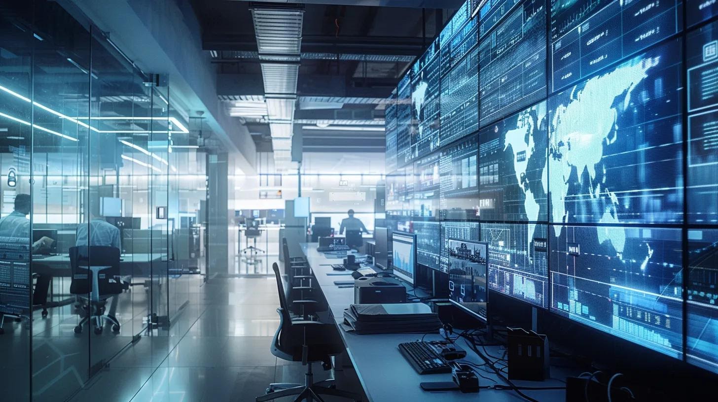 a sleek, modern office workspace features a large monitor displaying a well-organized digital interface showcasing optimized meta titles, headings, and images, reflecting the meticulous alignment with user search intents.