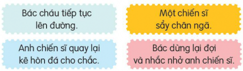 BÀI 24. CÙNG BÁC QUA SUỐIKHỞI ĐỘNGCâu hỏi: Cùng bạn nghe một bài hát về Bác Hồ và nêu cảm xúc của em khi nghe bài hát đó.Giải nhanh:Gợi ý:Em rất xúc động khi nghe. ĐỌCCâu 1: Những chi tiết nào (ở đầu câu chuyện) cho thấy Bác rất cẩn thận khi qua suối?Giải nhanh:Bác cẩn thận, vừa đi vừa dò mực nước.Thỉnh thoảng nhắc các chiến sĩ đi sau: “Chỗ này nước sâu, khéo ướt quần đó!”, “Chỗ này rêu trơn, đi cần thận!”.Câu 2: Chuyện gì xảy ra khi Bác gần qua được suối?Giải nhanh: Bác bị trượt chân, suýt ngã.Câu 3: Biết hòn đá có rêu trơn, Bác đã làm gì? Vì sao Bác làm như vậy?Giải nhanh: Cúi xuống nhặt và đặt hòn đá lên bờ. Bác làm vậy để tránh cho người đi sau khỏi bị ngã.Câu 4: Sắp xếp các sự việc cho đúng với trình tự trong câu chuyện.Giải nhanh:Một chiến sĩ sẩy chân ngã → Bác dừng lại đợi và nhắc nhở anh chiến sĩ → Anh chiến sĩ quay lại kê hòn đá cho chắc → Hai bác cháu tiếp tục lên đường.Câu 5: Câu chuyện Cùng Bác qua suối cho thấy những phẩm chất nào của Bác?Giải nhanh:Cẩn thận, chu đáo, tỉ mỉ, biết suy nghĩ cho người khác.Tư duy nhạy bén, suy nghĩ sâu sắc, giải quyết vấn đề một cách nhanh chóng. ĐỌC MỞ RỘNGCâu 1: Đọc câu chuyện về một vị thần trong kho tàng truyện cổ Việt Nam (hoặc người có công với đất nước) và viết vào phiếu đọc sách theo mẫu.Giải nhanh:PHIẾU ĐỌC SÁCH- Ngày đọc: 1/1/2022- Tên bài: Thánh Gióng- Tác giả: do dân gian truyền miệng- Tên vị thần/người có công với đất nước: GióngCông lao của người đó: đánh đuổi giặc Ân xâm lược.Điều em nhớ nhất sau khi đọc: Gióng cởi giáp bỏ nón lại, rồi cả người lẫn ngựa bay thẳng lên trời.Mức độ yêu thích: 5 sao Câu 2: Kể với bạn về công lao của vị thần (hoặc người có công với đất nước) trong bài đã đọc.Giải nhanh:HS tự chia sẻ với câu bạn về câu chuyện đã đọc. LUYỆN TỪ VÀ CÂUCâu 1: Giới thiệu một lễ hội (hoặc hội) mà em biết.Mẫu:Giải nhanh: Giới thiệu một lễ hội (hoặc hội) mà em biết.Tên lễ hội (hoặc hội)Địa điểm tổ chức lễ hội (hoặc hội)Các hoạt động trong lễ hội (hoặc hội)Lễ hội chùa HươngHà Nộimúa lân, dâng hương, lễ chùa, leo núi,...Lễ hội đua thuyềnQuảng Bìnhlễ khai mạc, diễu hành, thi đấuLễ Đèo Nhông - Dương LiễuBình Địnhdâng hương, Đánh trống khai mạc, múa lân dâng hương, dâng hoa vốn là truyền thống của lễ hội... Câu 2: Viết một câu hỏi và một câu trả lời về lễ hội (hoặc hội), trong đó có sử dụng dấu gạch ngang.Giải nhanh: - Ngày mai, cậu có đi tham gia lễ hội dâng hương cho các anh hùng liệt sĩ không?- Có chứ, mai tớ sẽ tham gia.Câu 3: Nêu công dụng của dấu ngoặc kép và dấu gạch ngang trong đoạn văn dưới đây:Sáng nay, lớp Quốc Anh nghe cô kể chuyện Có công mài sắt, có ngày nên kim. Cuối buổi, cô dặn cả lớp:  Chúng ta cần phải rèn luyện đức tính kiên nhẫn.