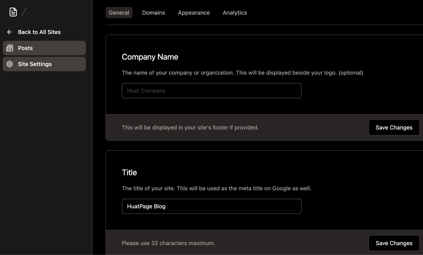 How to edit the title and metadata of the blog hosted on HuatPage?