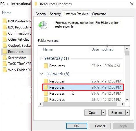 Select Previous Versions of the files folders and click OK 1