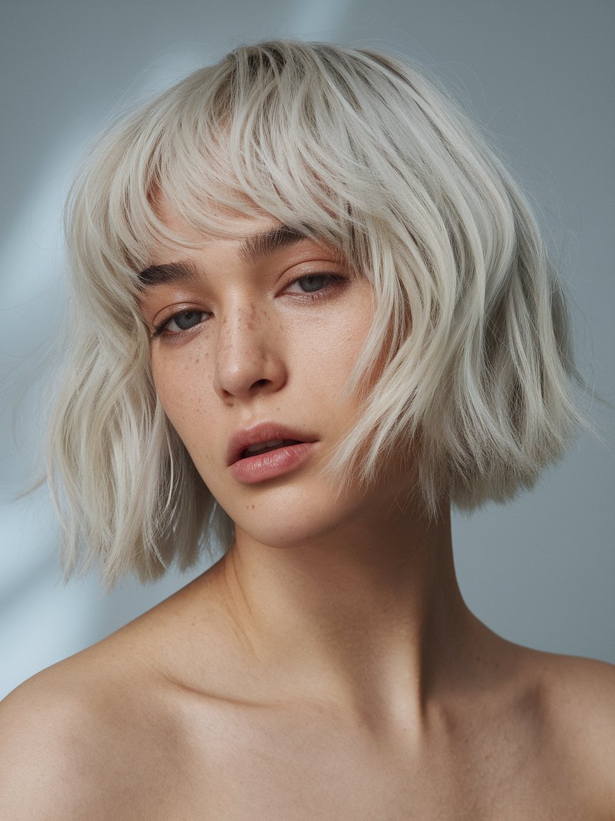 70. Blunt Choppy Platinum Bob with Bangs