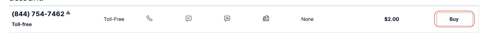 Screen grab of the "buy" portion of purchasing a toll free number through twilio. 
