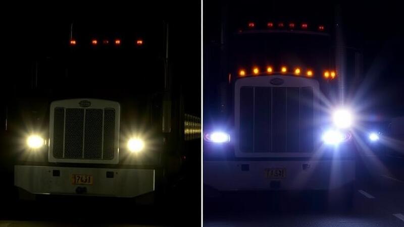 Comparison of standard vs DOT-compliant truck headlights brightness at night