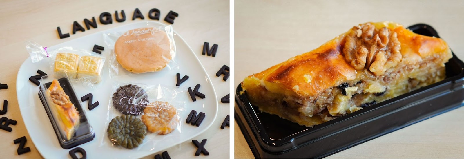 Left: Some of the desserts introduced during the festival were baklava, walnut pastries, dorayaki, and yakgwa. Right: Close up of baklava; all of the featured desserts were created by the NYU Shanghai’s cafeteria team led by Chef Yao.